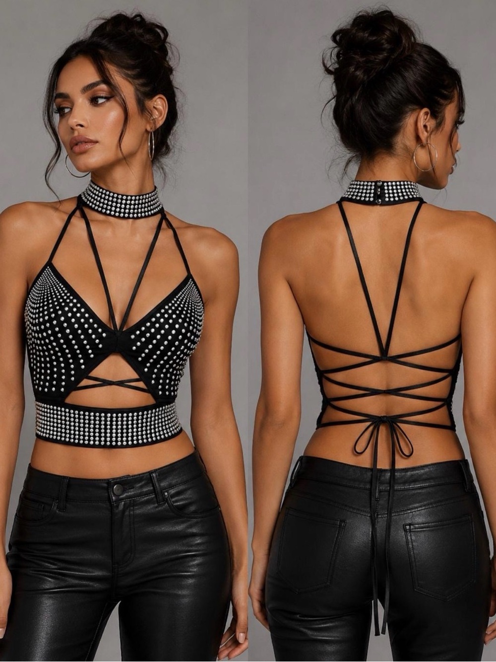 Black Halter Top with Rivets
